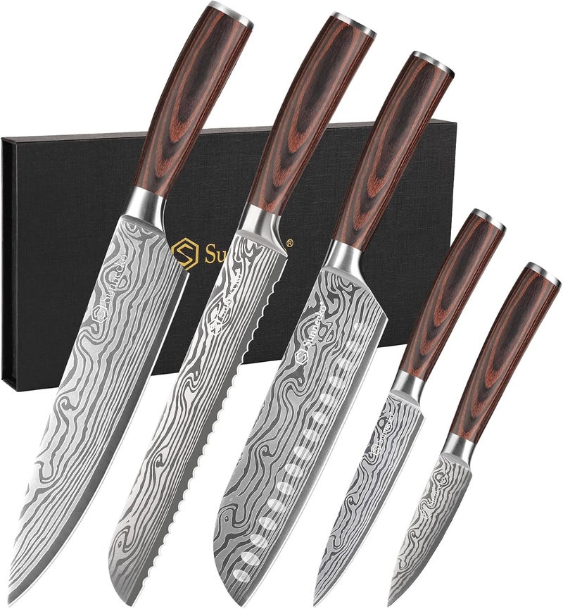 Sunnecko Kitchen Knife Set 5 Piece Chef Knife Set Professional High Carbon Stainless Steel, Sharp Kitchen Knives with Wooden Handle - Image 1